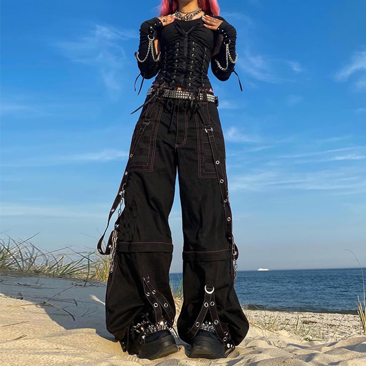 FeMereina Gothic Baggy Cargo Pants Women High Waist Cargo Jeans